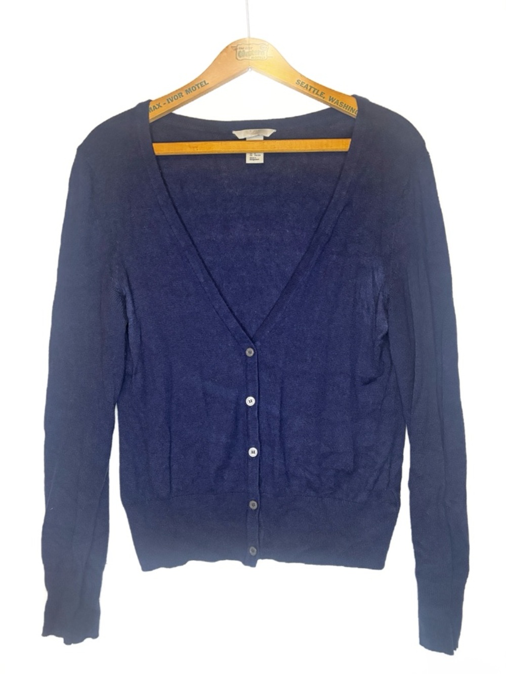 H&M Navy Angora Blend V-Neck Button Front Sweater Cardigan -L-